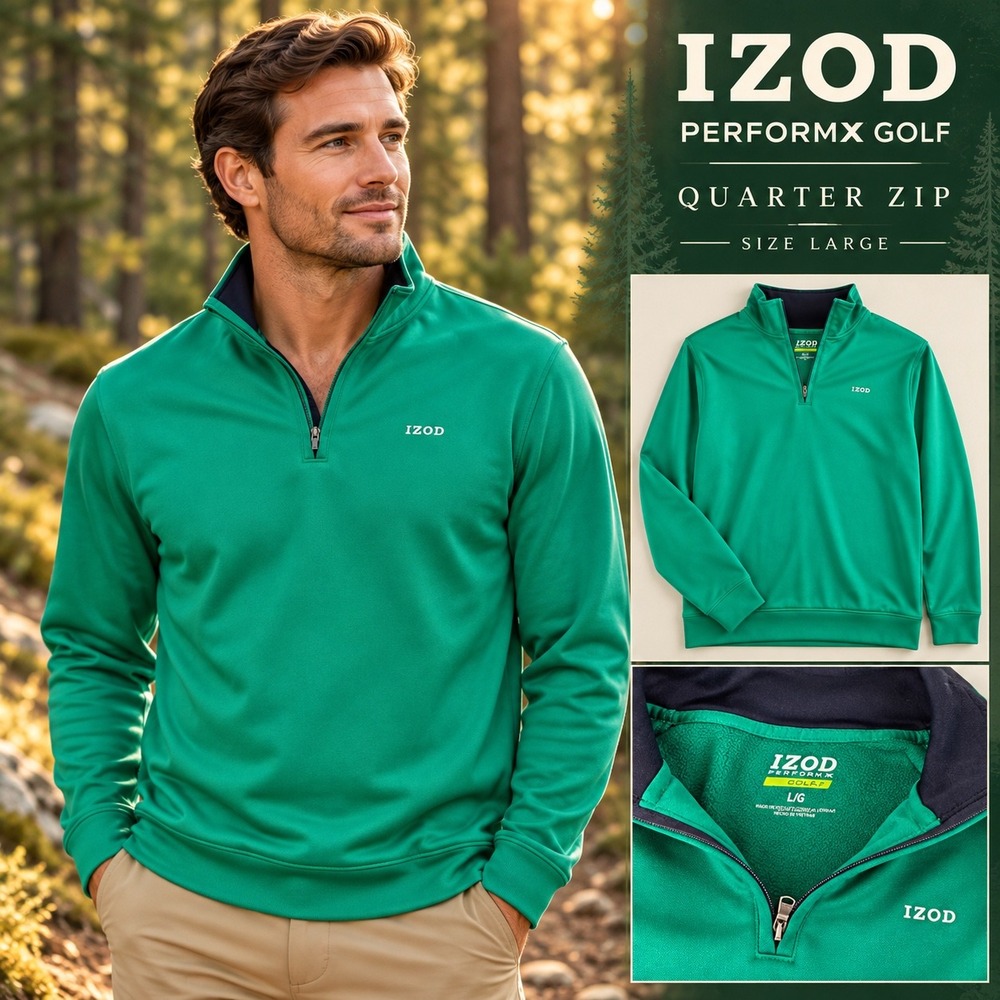 Izod Golf PerformX Mens Large Green Quarter Zip Pullover Long Sleeve Shirt